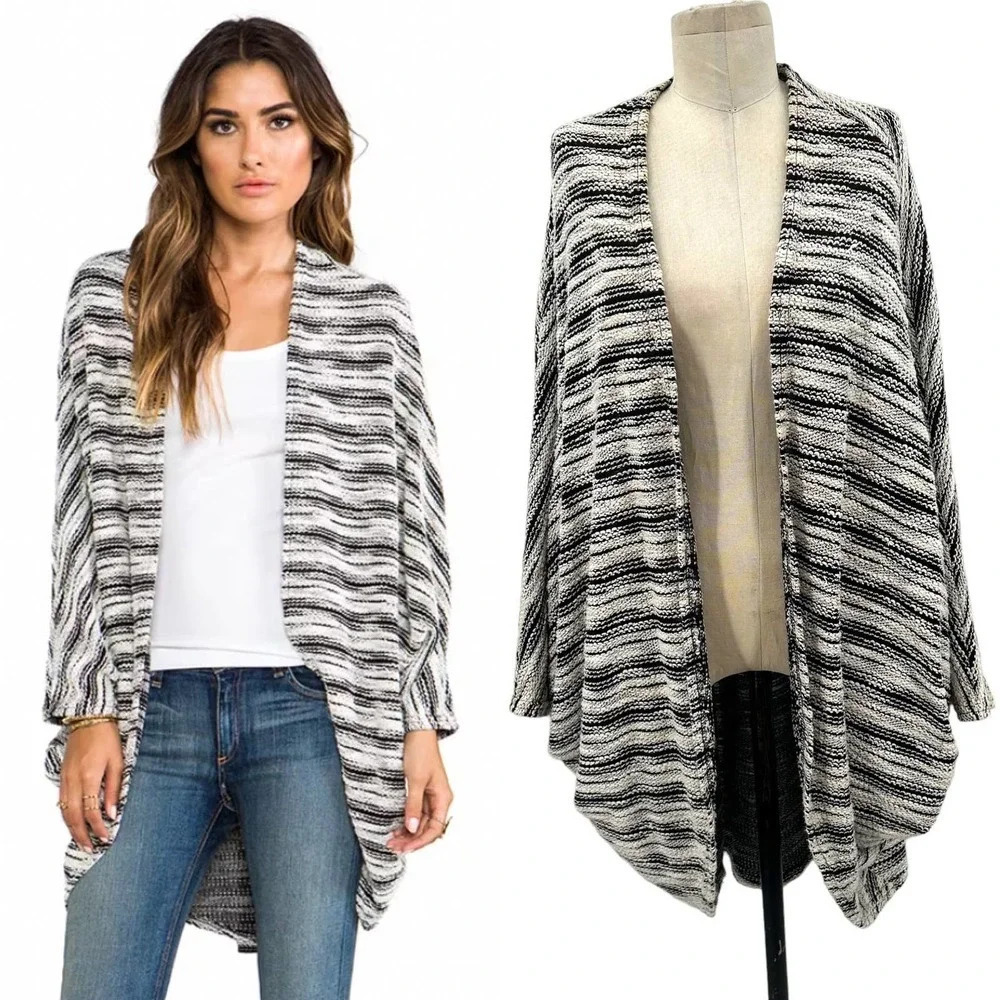 Michael Lauren Easton Slub Draped Cardigan Sweater Shrug Gray‎ Black One Size